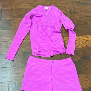 Women Long Sleeve Rash Guard and Swim Shorts - Bright Fuchsia